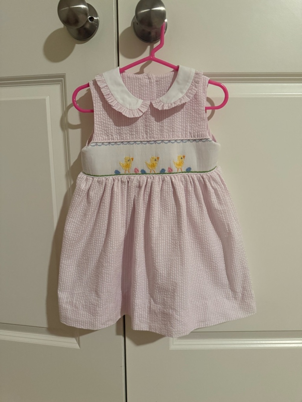 Stitchy Fish Soft Pink Peter Pan Collar Smocked Dress with Chick Embroidery